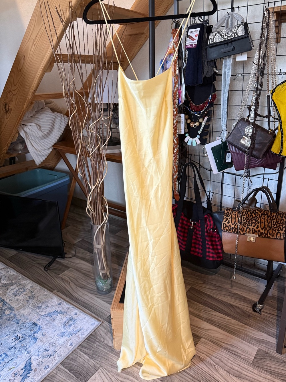 Show Me Your Mumu Yellow Satin Lace-Up Back Maxi Dress NWOT XS
